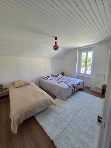 a bedroom with two beds and a white ceiling at La liberté des trois petits cochons avec spa in Lalizolle