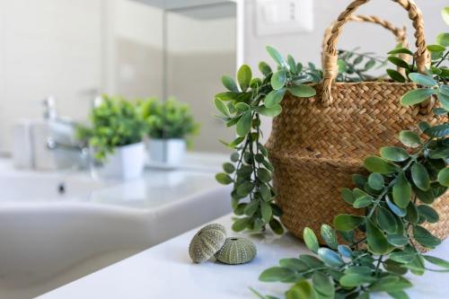 a bathroom with a basket and plants on a counter at NURAS - Casa Aurelia square view old town in Alghero