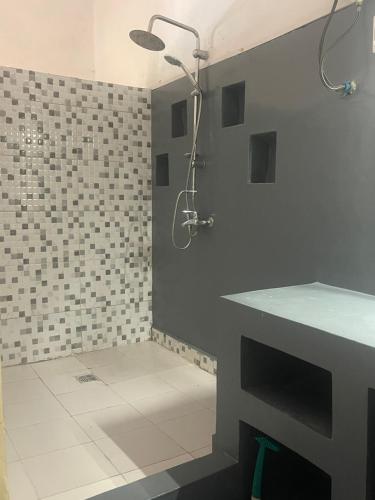 a bathroom with a shower and a sink at Takasira Appart Hôtel Downtown in Fort Dauphin
