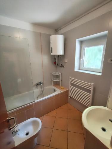 a bathroom with two sinks and a tub and a window at Tau Forest Lodge in Solkan