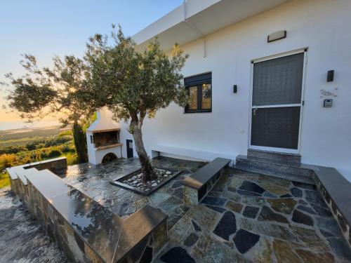 a house with a tree in the middle of a patio at Casa di Olive Luxury Secluded Sea View Villa in South Crete in Goúdhouros