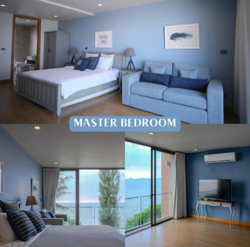 two pictures of a bedroom with a bed and a couch at Hommie Home Pattaya in Ban Krathing Lai