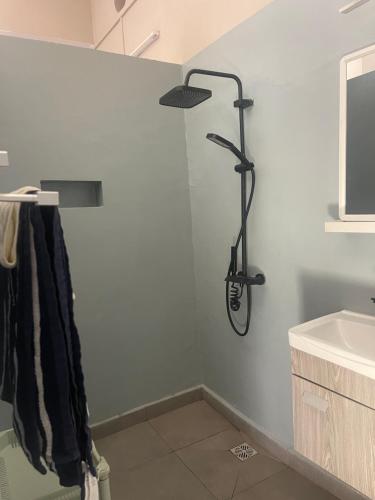 a bathroom with a shower in the corner of a wall at Takasira Appartment Downtown 2 in Fort Dauphin