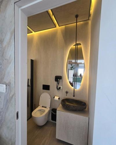 a bathroom with a toilet and a sink and a mirror at מרום הגילבוע in Gid‘ona