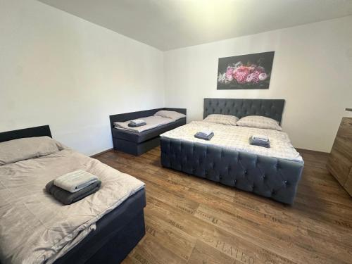 two beds in a room with two bedsitures at Hauspark Residence in Žatec