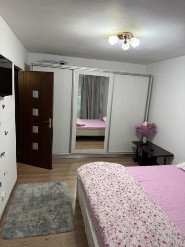 a bedroom with a pink bed and a mirror at Studio in Drobeta-Turnu Severin