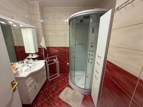 a bathroom with a sink and a shower at Welcome Ma-Ko in Makó