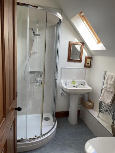 a bathroom with a shower and a sink at Westward Bed and Breakfast in Cannich