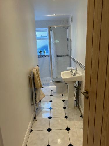 a bathroom with a sink and a toilet at Sunny Garden WFH Retreat with Private Entrance and Parking near NEC BHX JLR in Solihull