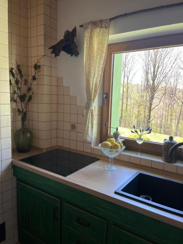 a kitchen counter with a sink and a window at Domek Leśny Anioł in Jarnołtówek