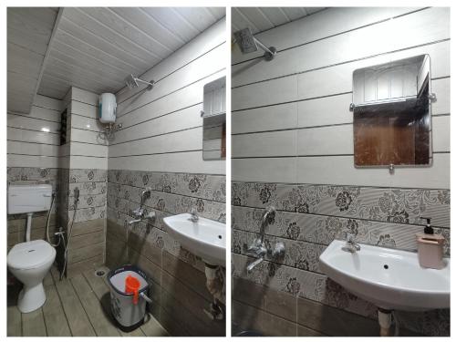 two pictures of a bathroom with a toilet and a sink at Ambient Homestay NESTEASY in Nashik