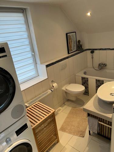 a bathroom with a toilet and a sink and a washing machine at OESLAUER STUBE Gemütliches Apartment mit Kamin, Klimaanlage, Balkon, 3 Schlafzimmern, 2 Bädern, Modern, Familienfreundlich, Zentral, Vollausgestattet in Rödental
