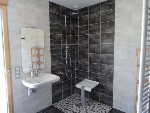 a bathroom with a sink and a shower at Airellier du Pilat in Marlhes