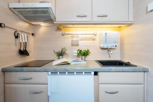 a kitchen with a sink and a book on the counter at Strandhaferweg 7 Beach Apartment Fehmarn in Burgtiefe auf Fehmarn 