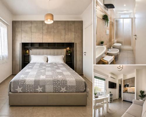 two pictures of a bedroom with a bed and a bathroom at La casa di Mare in Torvaianica