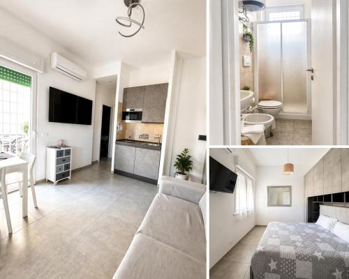 a collage of photos of a bedroom and a bathroom at La casa di Mare in Torvaianica