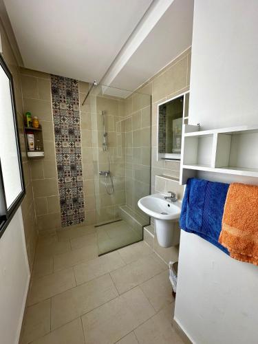a bathroom with a shower and a toilet and a sink at Appartement Laetitia, hyper centre hammamet in Hammamet