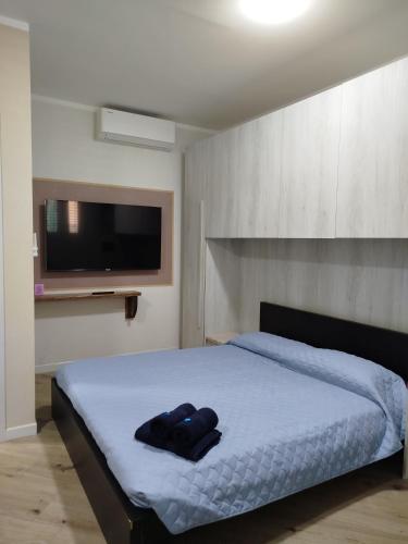 a bedroom with a bed and a flat screen tv at Mono perfetto per Ospedale e Treni Check-in rapido in Livorno