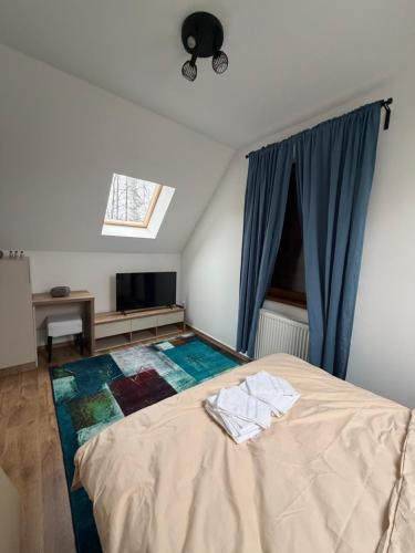a bedroom with a bed and a window and a television at Cabana Călățele in Călăţele
