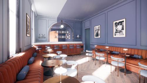 a rendering of a restaurant with tables and chairs at Hotel Orlo in Greensboro