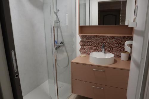 a bathroom with a sink and a shower at Chambre, entrée indépendante, SDB privée in Cugand
