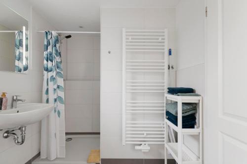 a bathroom with a sink and a white shelf at Haus Sonneneck in Oesterdeichstrich