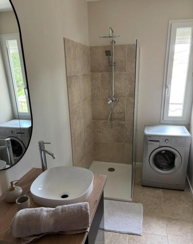 a bathroom with a sink and a shower and a washing machine at Charmant studio proche du centre-ville in Orange