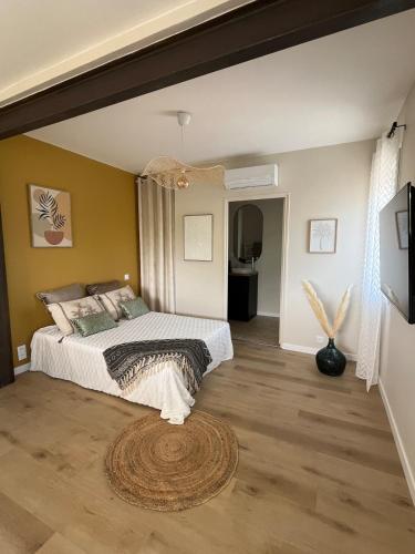 a bedroom with a large bed with a wooden floor at Charmant studio proche du centre-ville in Orange