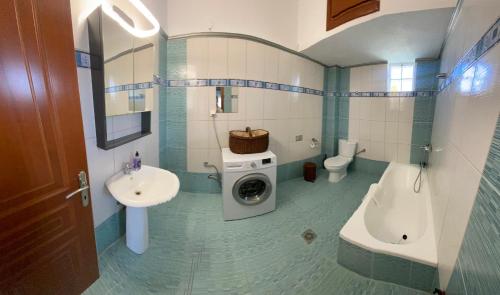 a bathroom with a sink and a washing machine and a toilet at SONIA in Kallithea Halkidikis