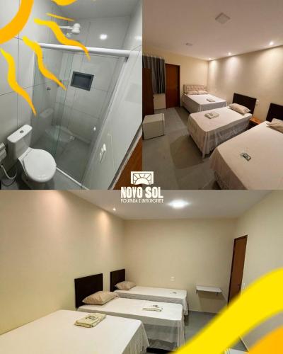 two pictures of a room with two beds in it at Pousada Novo Sol in Solânea