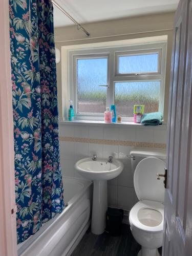 a bathroom with a toilet and a sink and a window at Cute Central House Sleeps 4 in Stafford