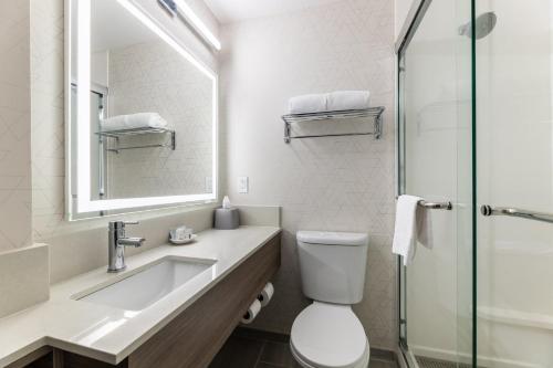 a bathroom with a sink and a toilet and a mirror at Holiday Inn Express Van Nuys by IHG in Van Nuys