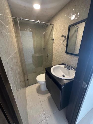 a bathroom with a shower and a sink and a toilet at Aparta studio Zona Centro in Darién