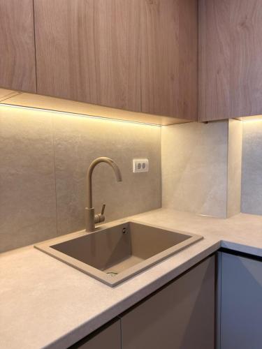 a kitchen counter with a sink in a kitchen at Marea Apartment in Bar