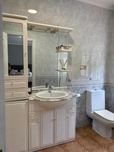 a bathroom with a sink and a toilet at Villa Playa Covelo in Pontevedra