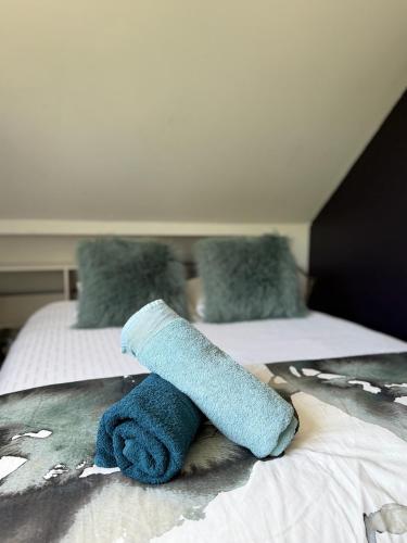 un asciugamano blu steso sopra un letto di Studette Cosy a Saint-James