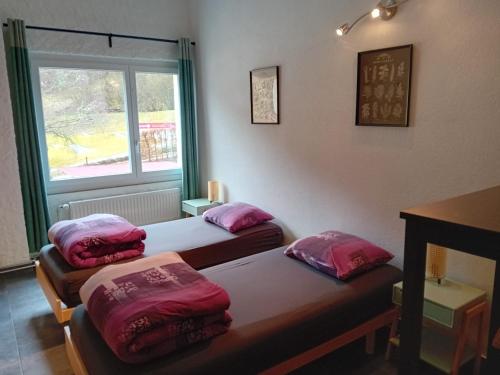 two twin beds in a room with a window at Auberge des Fées in Buttes