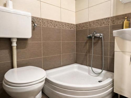 a bathroom with a toilet and a bath tub at Airport Studio Loft - Galleria in Belgrade