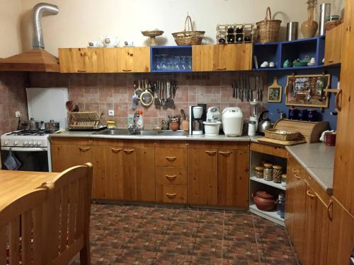 a kitchen with wooden cabinets and a sink and a stove at Green Stone Boutique Hotel in Yeghegnadzor