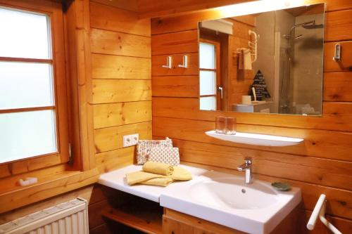 a bathroom with a sink and a mirror at Ferienhaus Tauber 21 in Hayingen