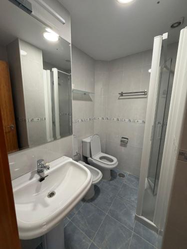 a bathroom with a sink and a toilet and a mirror at NUMA Beach Apartments in Aguadulce