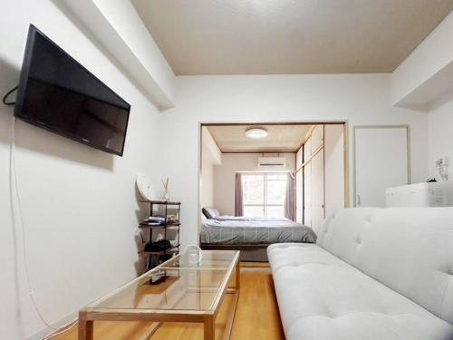 a living room with a couch and a tv on a wall at Crest YS chiyoda 4B in Aoichō