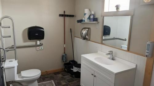a bathroom with a toilet and a sink and a mirror at Geraldton Rooms Unit D in Geraldton