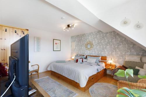 a bedroom with a bed and a tv in it at Fewo Sonnenstübchen Mendig 2Pers in Mendig