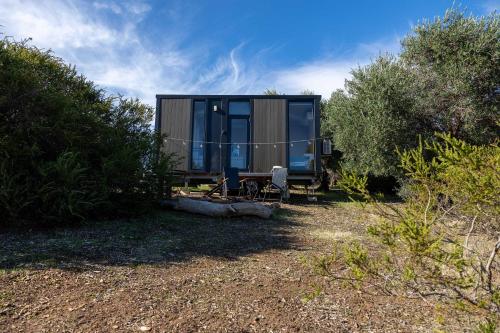 a house with a table and a chair in a yard at Scrub Tiny House by Tiny Away in McLaren Vale