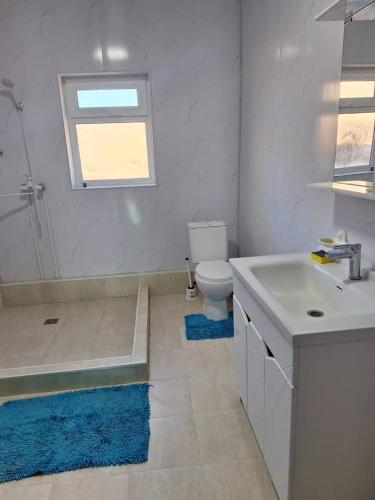 a bathroom with a sink and a toilet and a window at Miyar Farmhouse in Ak-Say