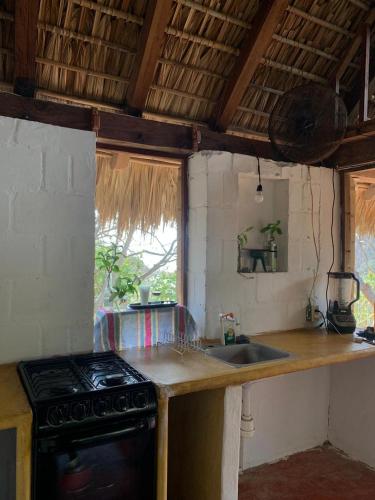 a kitchen with a counter and a sink and a stove at Las lemurias in Mazunte