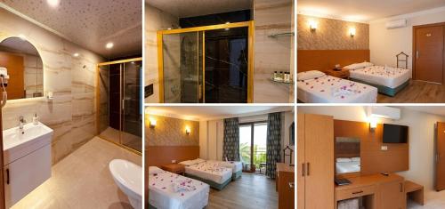 a collage of four pictures of a bathroom at Britannia Hotel in Kemer