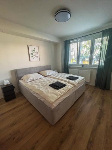 a bedroom with a bed and a large window at Apartmán JT in Vyšné Opátske