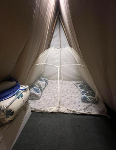 a small bed in a tent in a room at Canopy Haven in Siliguri